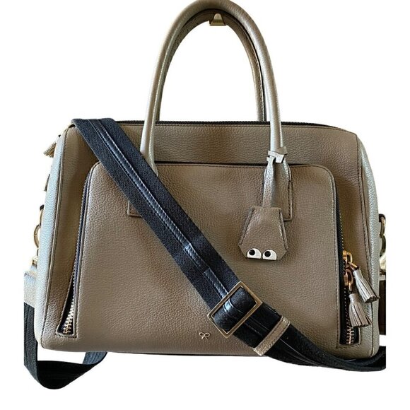 Anya Hindmarch Handbags - Anya Hindmarch Pebble Leather Google Eyes Satchel Top Handle Bag Taupe Coral